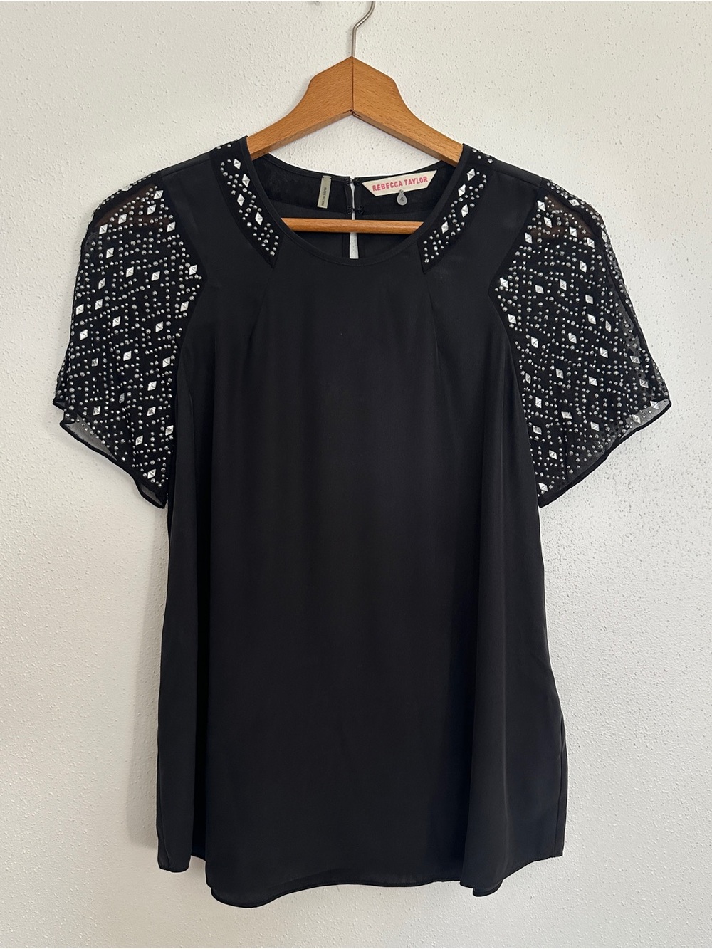 Rebecca Taylor Black Silk Embellished Blouse Top Size 4 NWOT